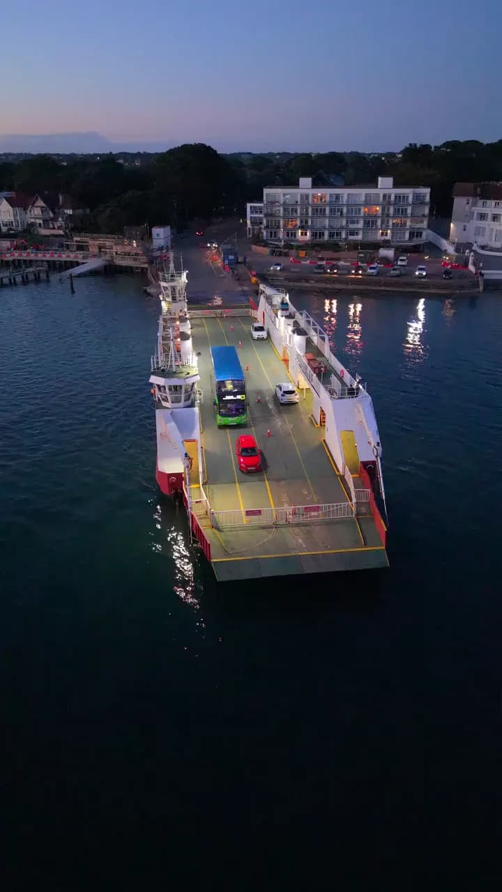 Aerial view of the Sandbanks chain ferry crossing between Sandbanks and Shell Bay