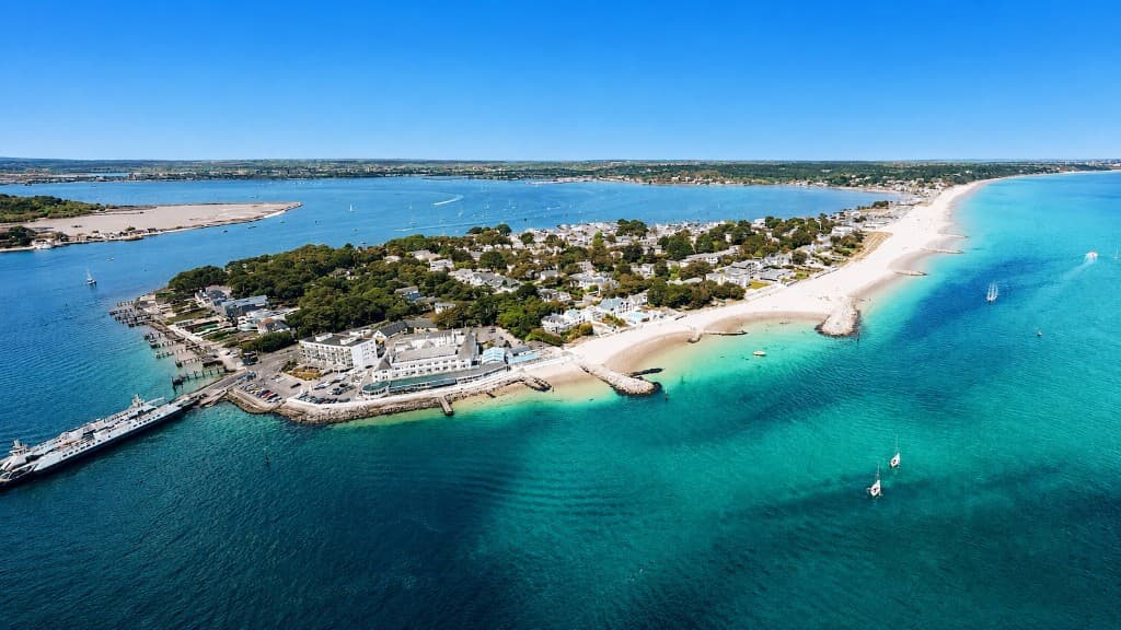 Aerial view of Sandbanks peninsula between Poole Harbour and the open sea