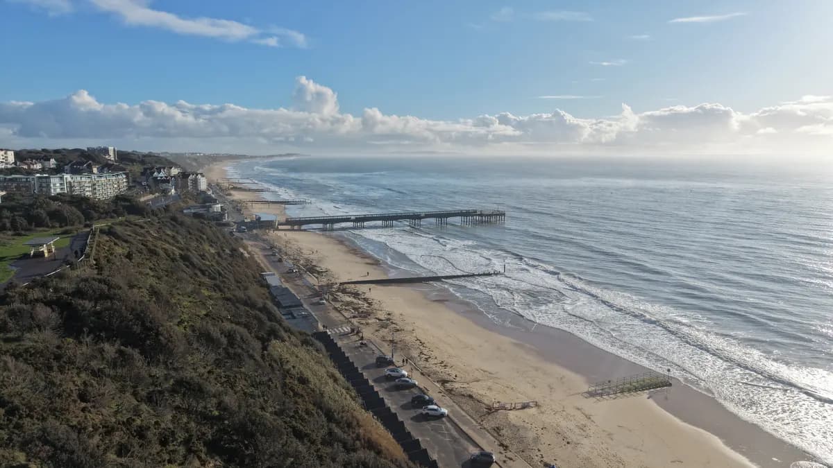 Aerial view of Boscombe Pier and the shoreline
