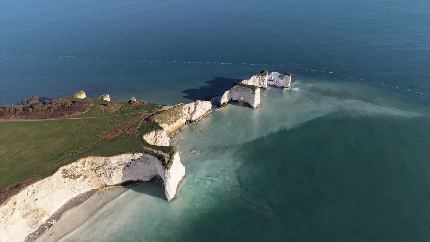 Aerial view of Old Harry Rocks and chalk stacks from above
