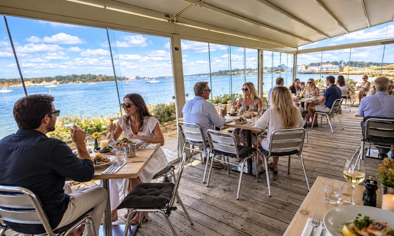 Diners toasting with wine on the Shell Bay waterside terrace overlooking Poole Harbour